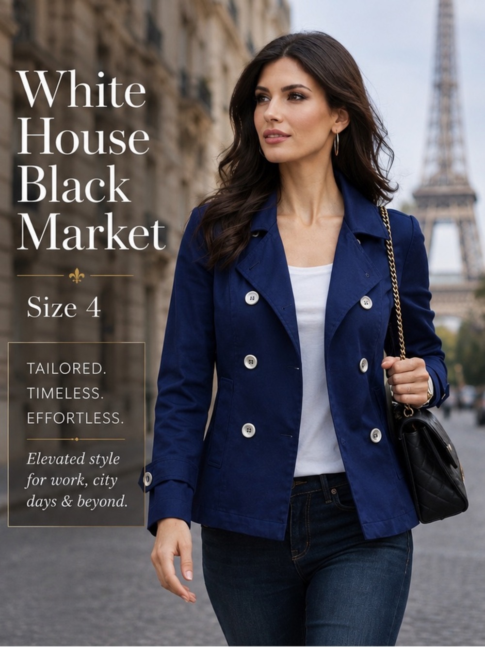 White House Black Market Blue Double Breasted Tailored Jacket Blazer Size 4